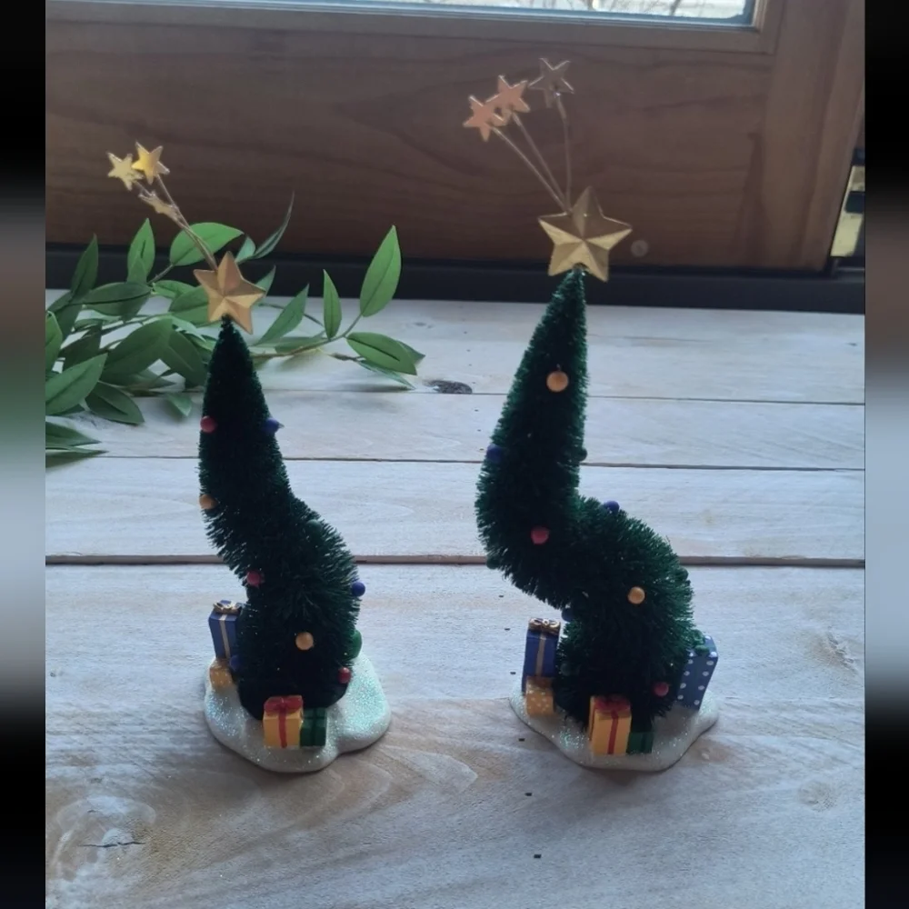 Department 56 Green Glitter Sisal Trees Christmas Village Accessories 11